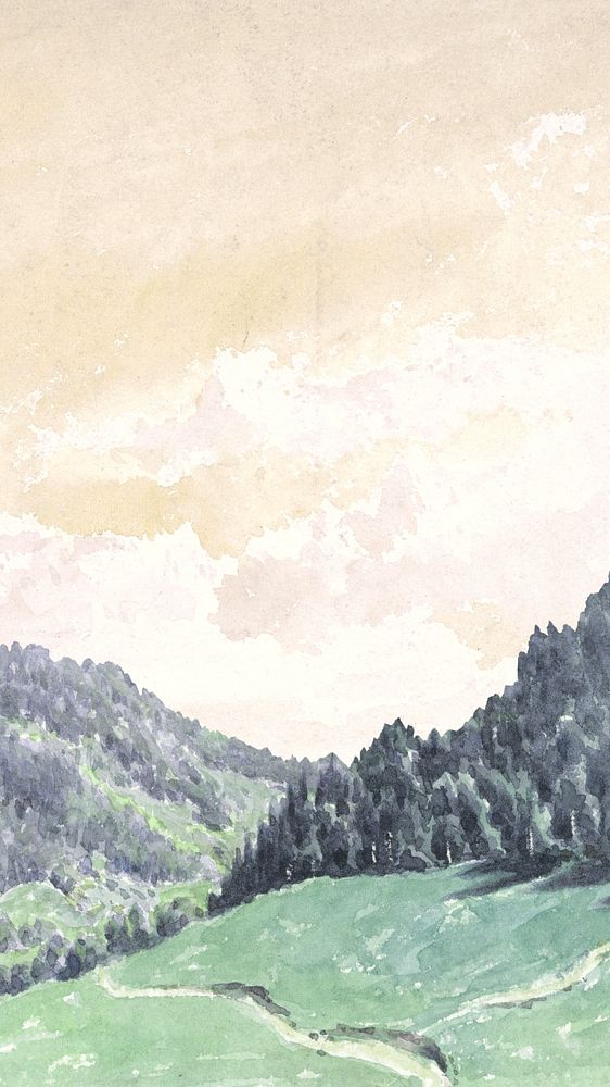 Mountain landscape border iPhone wallpaper, vintage nature illustration by Friedrich Carl von Scheidlin. Remixed by rawpixel.