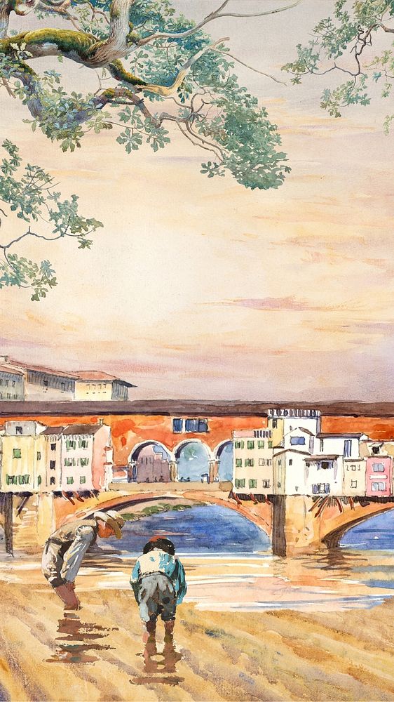 Ponte Vecchio, Florence iPhone wallpaper, vintage illustration. Remixed by rawpixel.