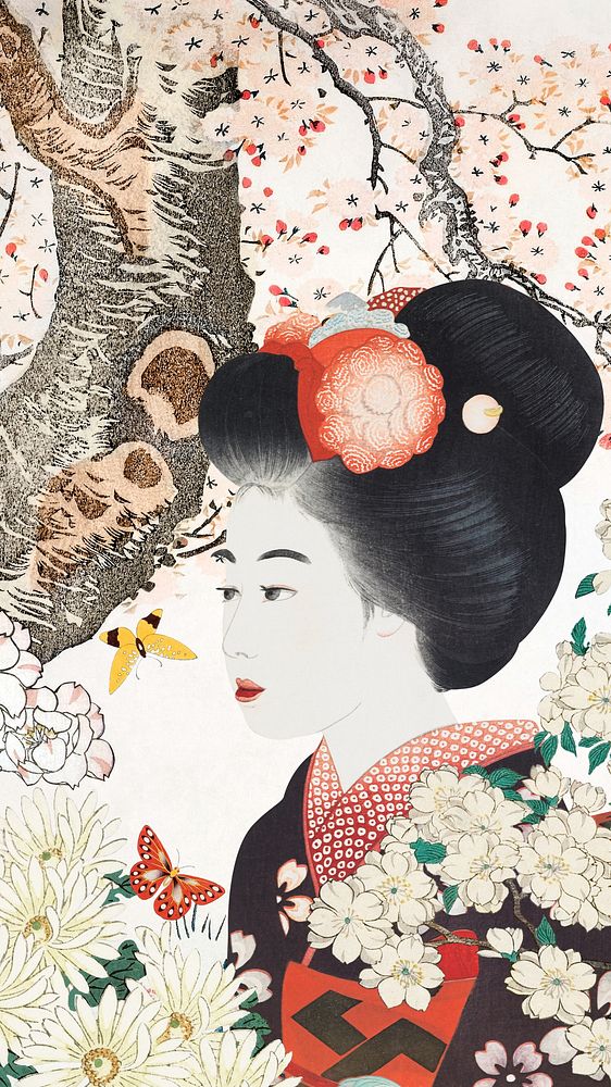 Japanese Geisha woman iPhone wallpaper, vintage illustration. Remixed by rawpixel.
