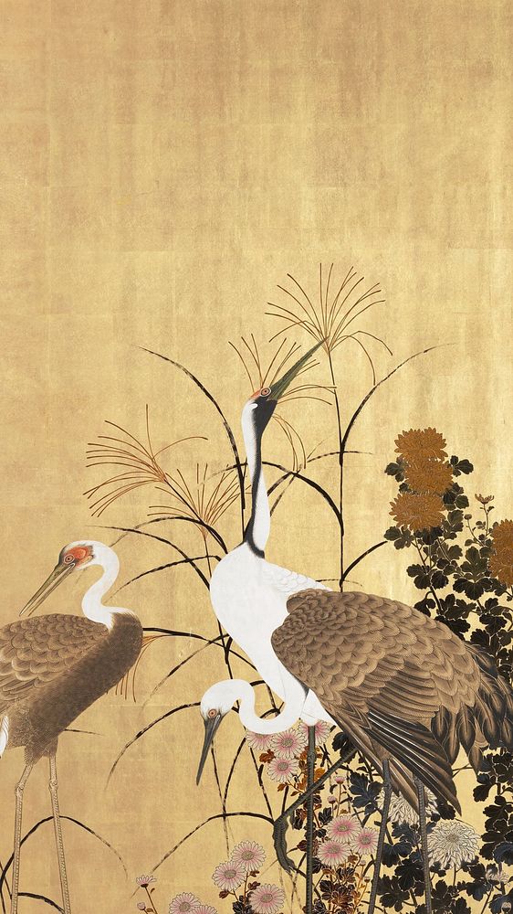 Japanese crane  iPhone wallpaper, vintage illustration. Remixed by rawpixel.