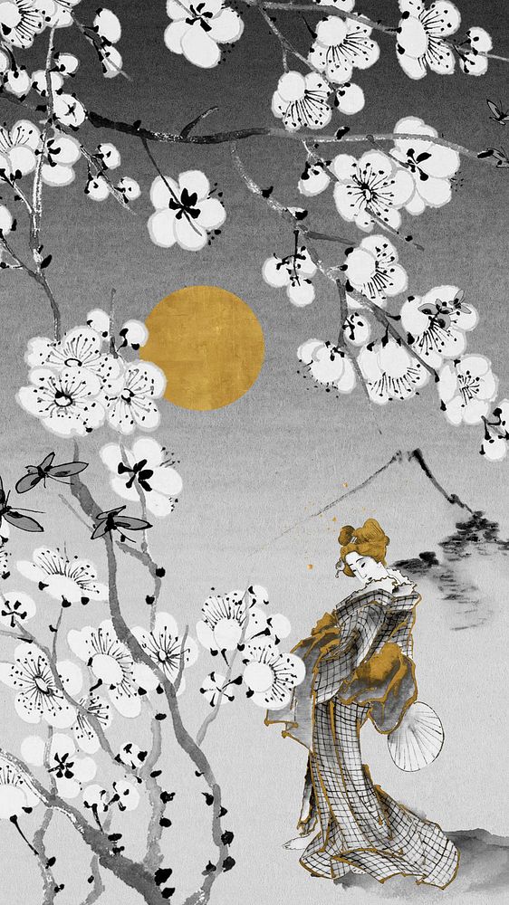 Japanese cherry blossom iPhone wallpaper, vintage illustration. Remixed by rawpixel.