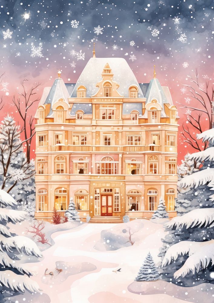 Snowy Christmas Hotel christmas snow architecture. AI generated Image by rawpixel.