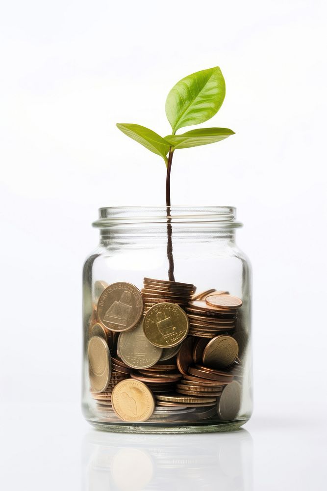 Putting coin inside a glass jar plant money white background. AI generated Image by rawpixel.