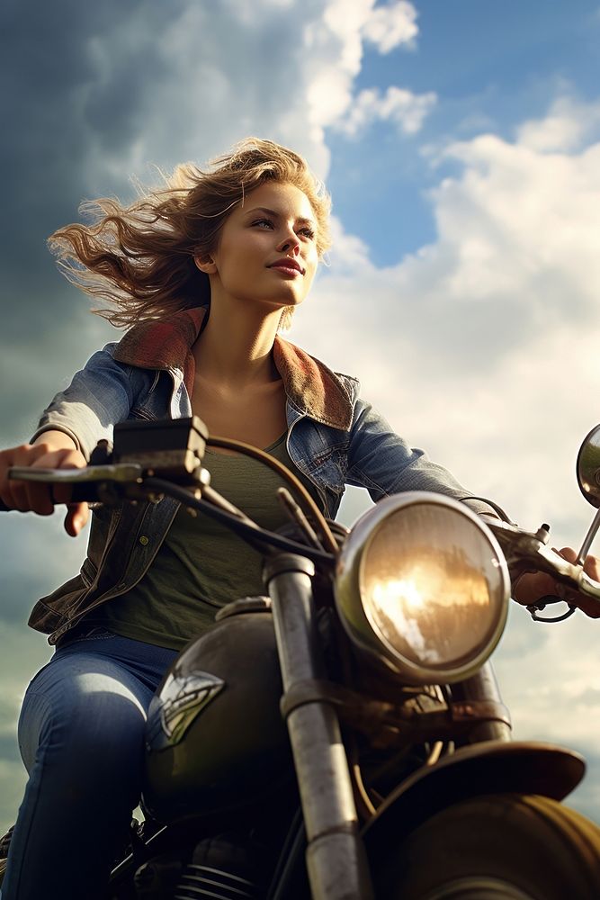 Young woman riding motorcycle portrait vehicle adult. AI generated Image by rawpixel.