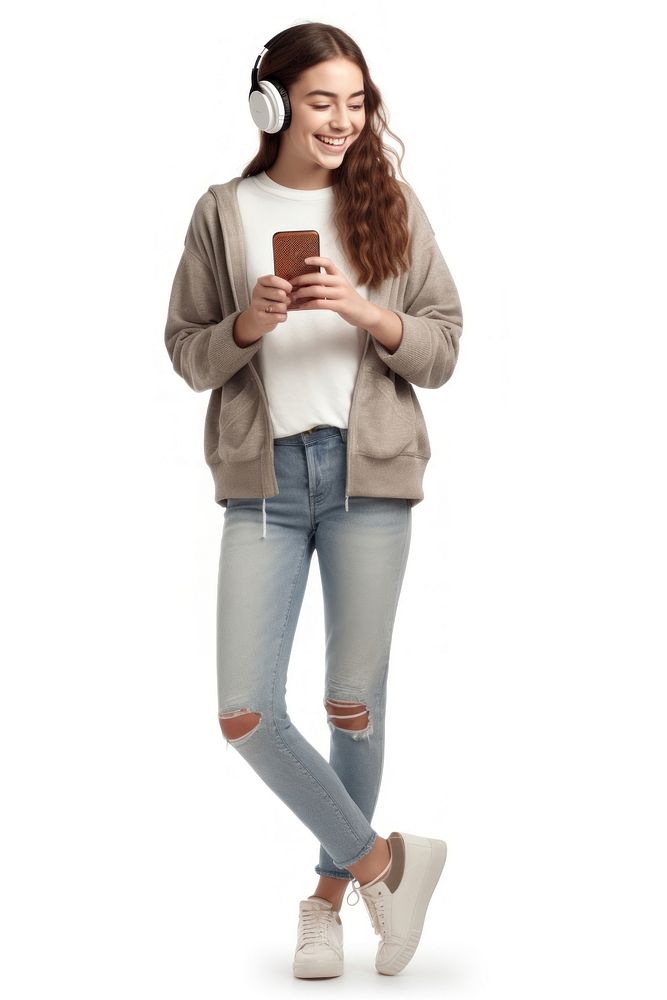 Happy teenager girl headphones coffee jeans. AI generated Image by rawpixel.