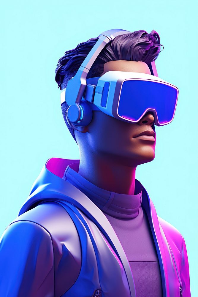 Character wearing AR headset purple portrait blue. AI generated Image by rawpixel.