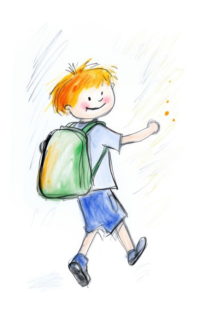 Happy boy carrying school bag drawing sketch white background. AI generated Image by rawpixel.