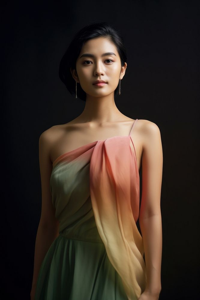 Taiwanese woman standing wearing a dress colorful outfit portrait fashion adult. AI generated Image by rawpixel.