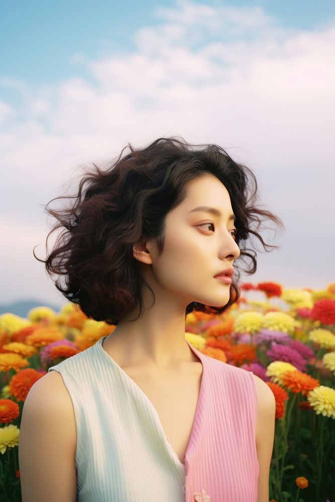 Taiwanese women beautiful flowers in a field portrait fashion plant. AI generated Image by rawpixel.