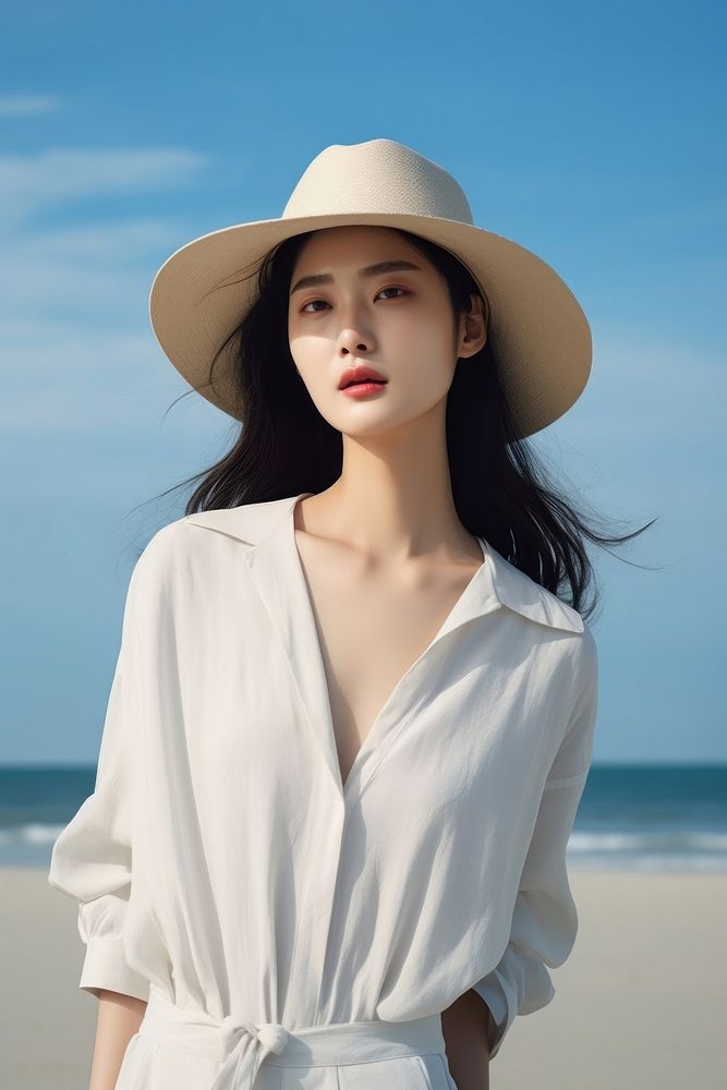 Chinese woman wear minimal beach fashionable portrait adult contemplation. AI generated Image by rawpixel.