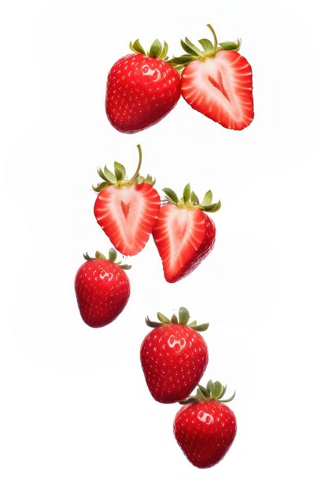 Four strawberries floating in the air and slice strawberries strawberry fruit plant. AI generated Image by rawpixel.
