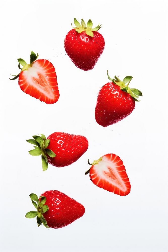 Four slice strawberries floating in the air and slice strawberries strawberry fruit plant. AI generated Image by rawpixel.