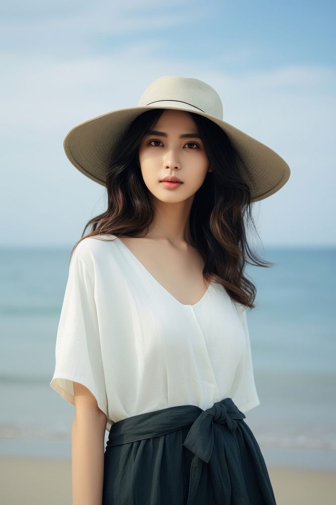 Japan woman wear minimal beach fashionable portrait adult contemplation. AI generated Image by rawpixel.