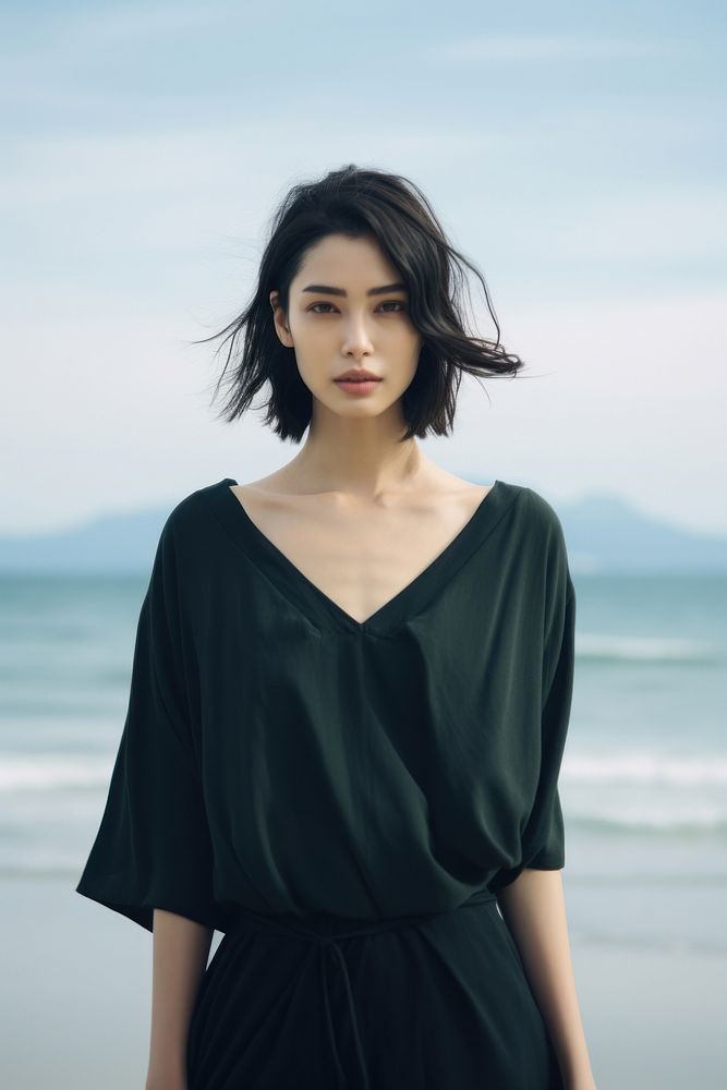 Japan woman wear minimal beach fashionable portrait sleeve dress. AI generated Image by rawpixel.