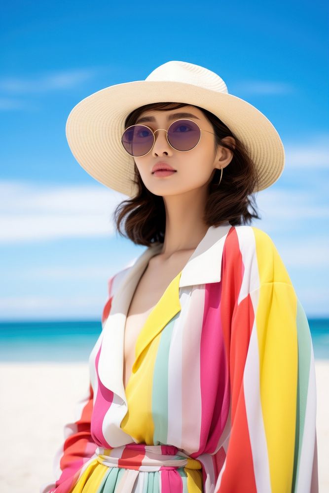 Japanese woman wear minimal beach colorful fashionable portrait adult sunglasses. AI generated Image by rawpixel.