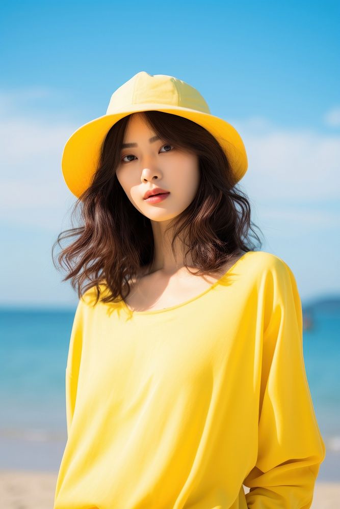 Japanese woman wear minimal beach colorful fashionable portrait adult contemplation. AI generated Image by rawpixel.