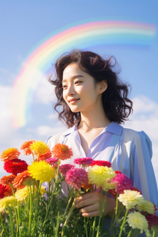 Japanese women beautiful flowers in a field portrait outdoors rainbow. AI generated Image by rawpixel.