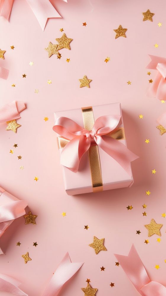Pastel pink gifts with golden bows and ribbons placed on pink background near stars backgrounds celebration anniversary. AI…
