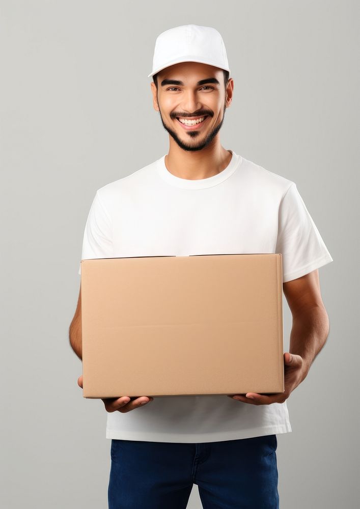 Delivery man hands holding blank white paper box cardboard portrait adult. AI generated Image by rawpixel.