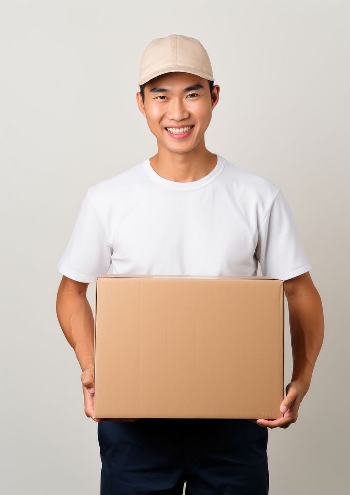 Delivery man hands holding blank white paper box cardboard portrait delivering. AI generated Image by rawpixel.