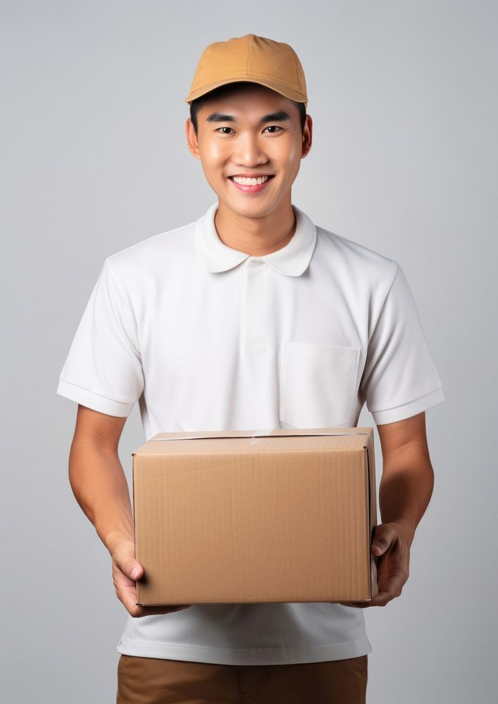 Delivery man hands holding blank white paper box cardboard portrait happiness. AI generated Image by rawpixel.