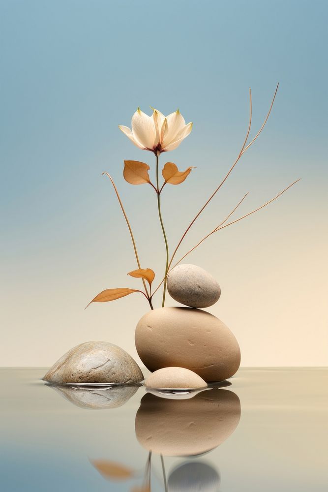 Two rocks and plants jutting into water balance flower vase. 