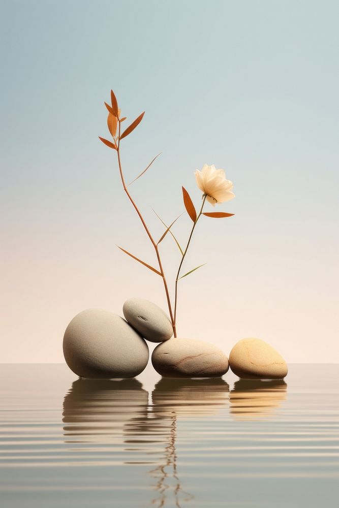 Two rocks and plants jutting into water outdoors pebble flower. AI generated Image by rawpixel.