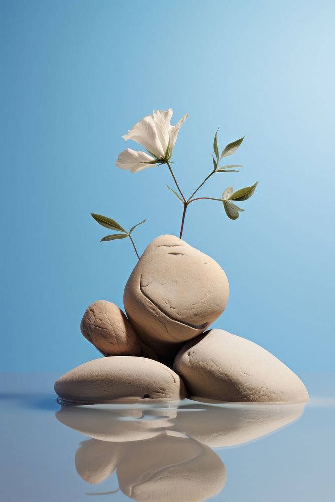 Two rocks and plants jutting into water flower petal blue. AI generated Image by rawpixel.