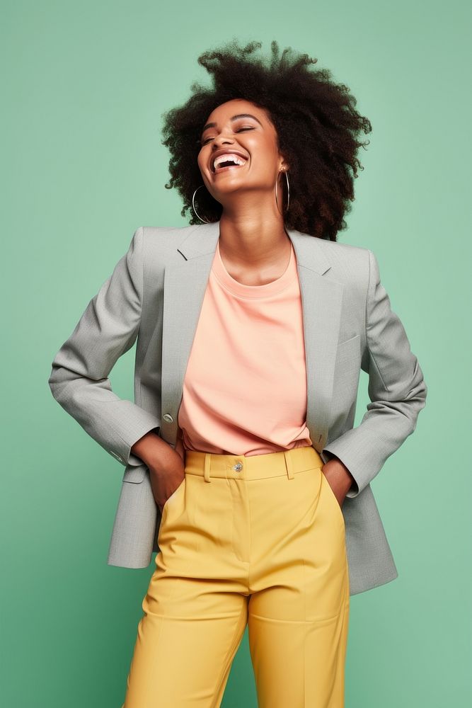 Black woman laughing blazer yellow. AI generated Image by rawpixel.
