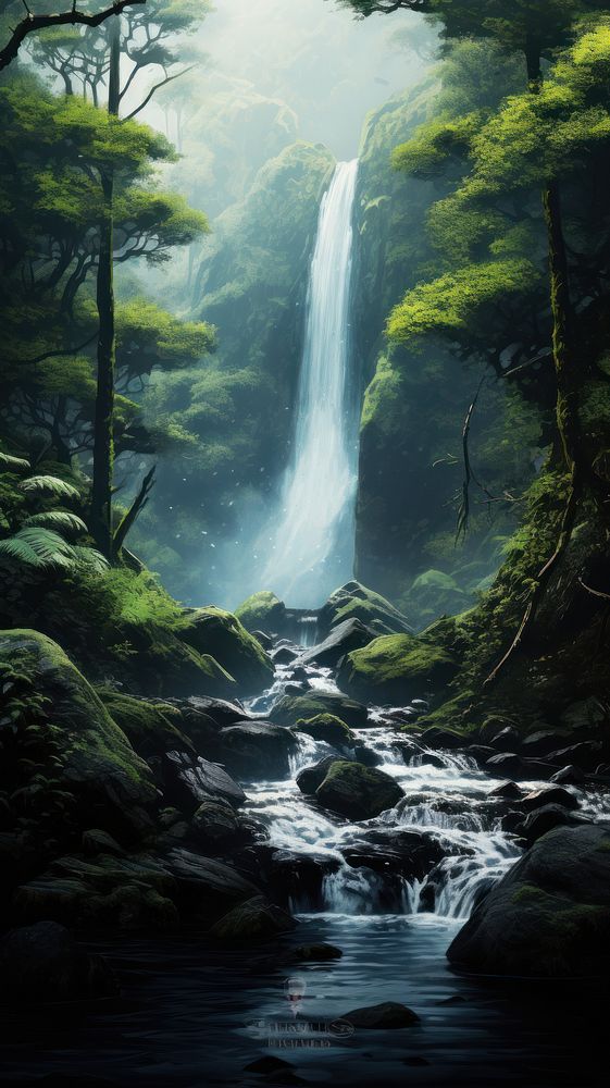 Waterfall forest landscape outdoors. 