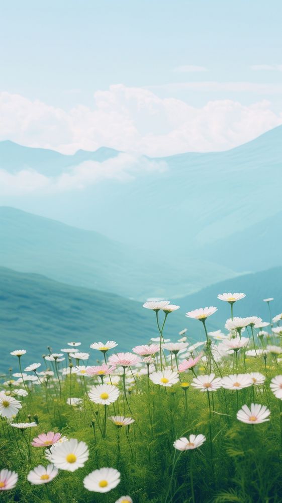 Flowers landscape grassland mountain. AI generated Image by rawpixel.