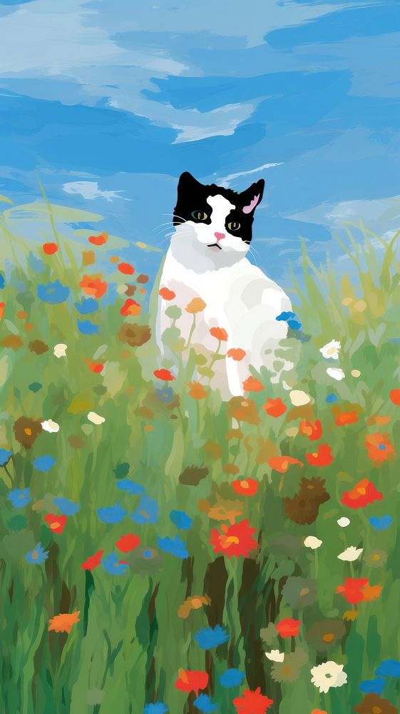 Cat in the flower meadow outdoors mammal animal. AI generated Image by rawpixel.