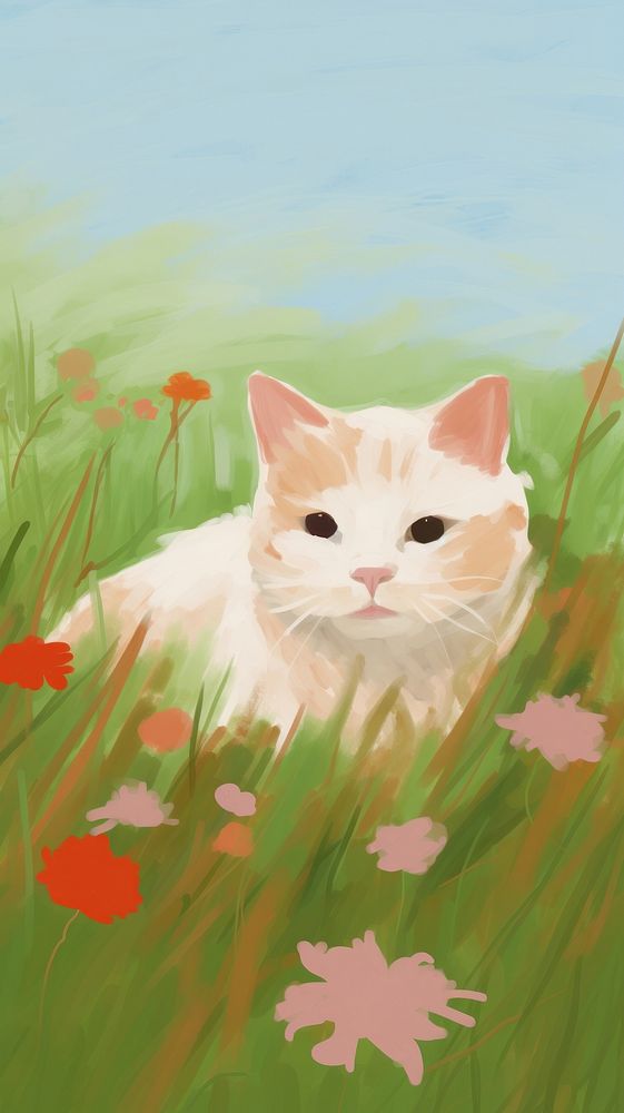 Cat in the flower meadow animal mammal plant. AI generated Image by rawpixel.