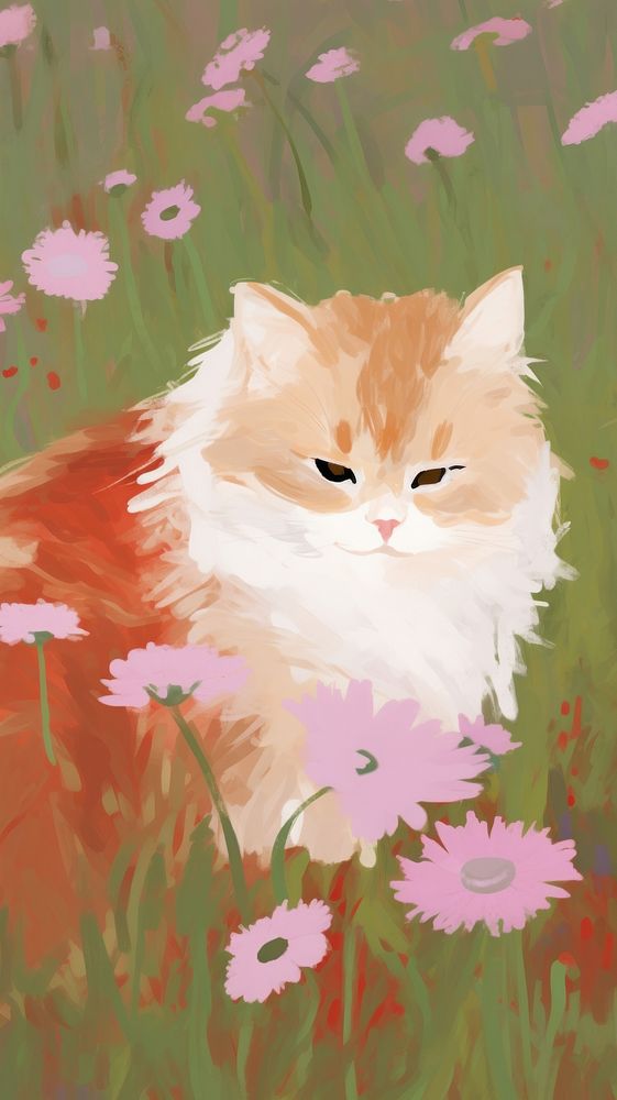 Cat in the flower meadow drawing animal mammal. AI generated Image by rawpixel.