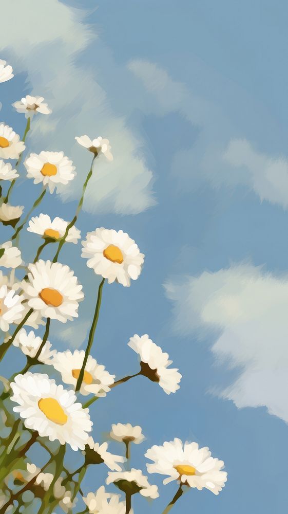 Daisies and bright sky backgrounds outdoors blossom. AI generated Image by rawpixel.