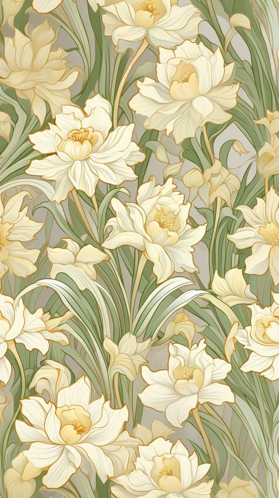 Daffodil flower art wallpaper pattern. AI generated Image by rawpixel.