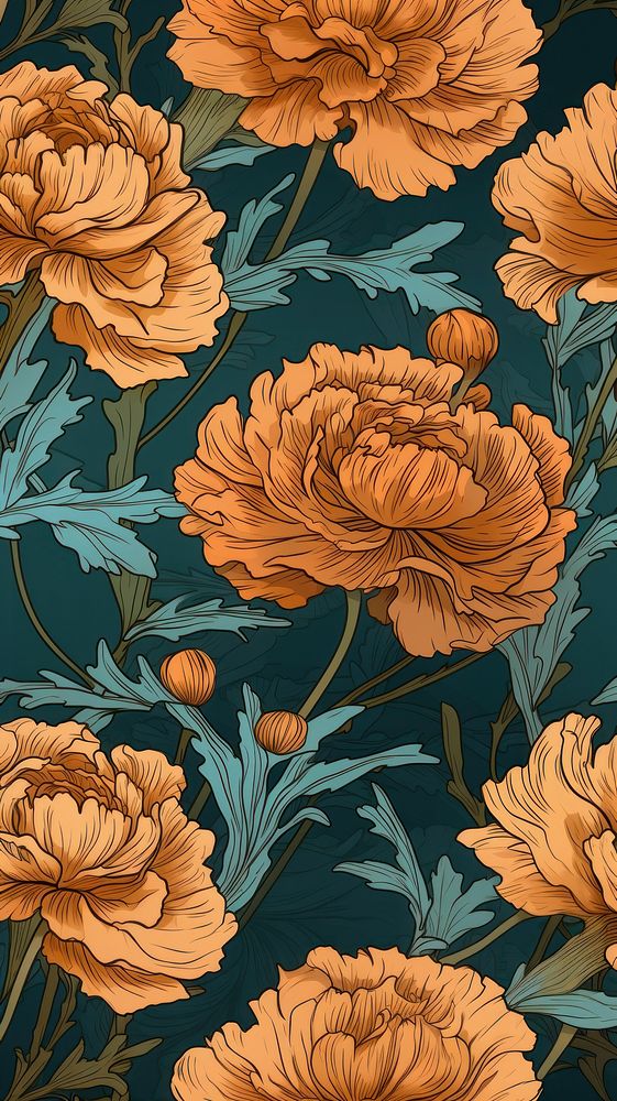 Marigold flower art wallpaper pattern. AI generated Image by rawpixel.