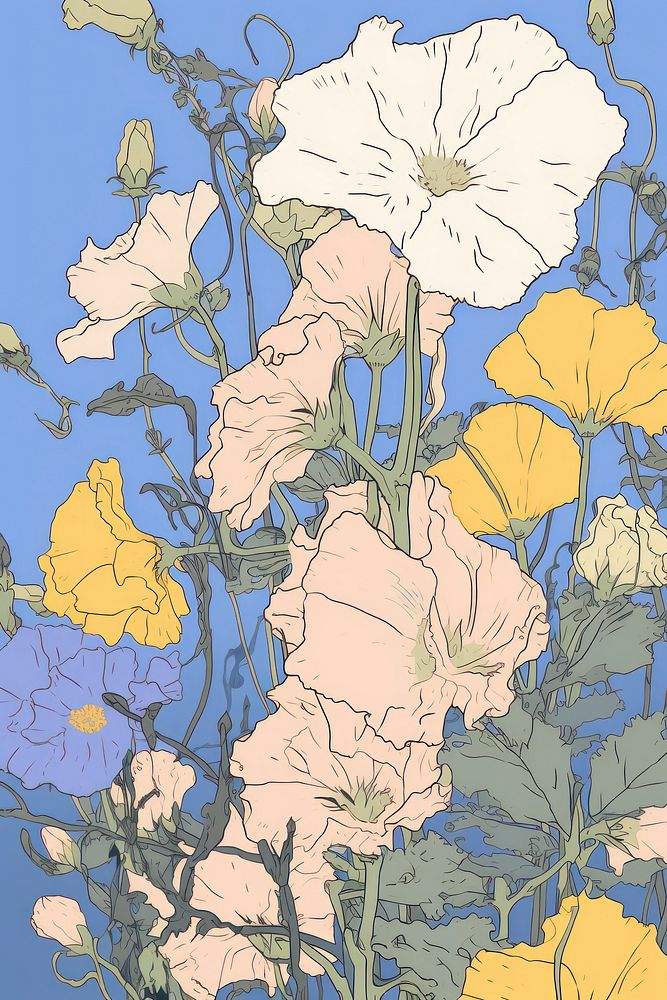 Skeletoncover with blue Ipomoea sketch backgrounds pattern. AI generated Image by rawpixel.