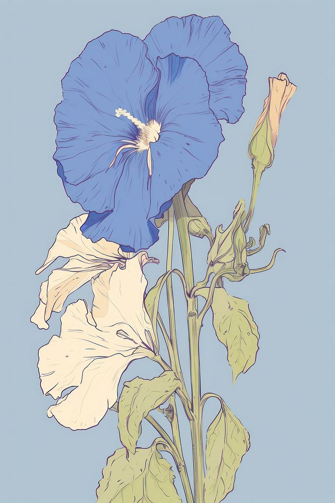 Skeletoncover with blue Ipomoea sketch drawing flower. AI generated Image by rawpixel.