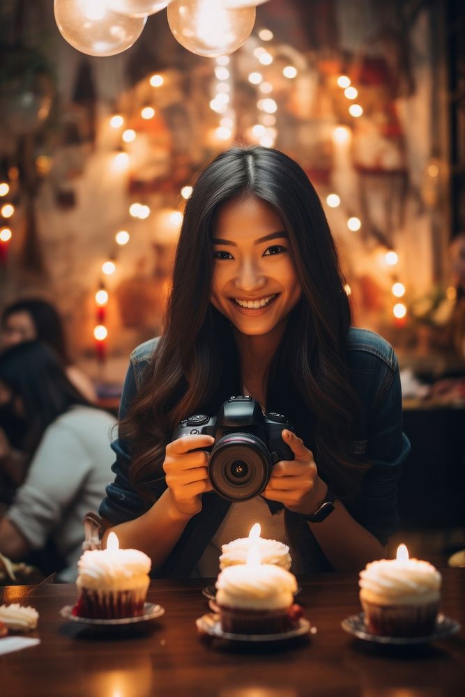 South east asia woman take a photo of her cake camera portrait smile light. AI generated Image by rawpixel.