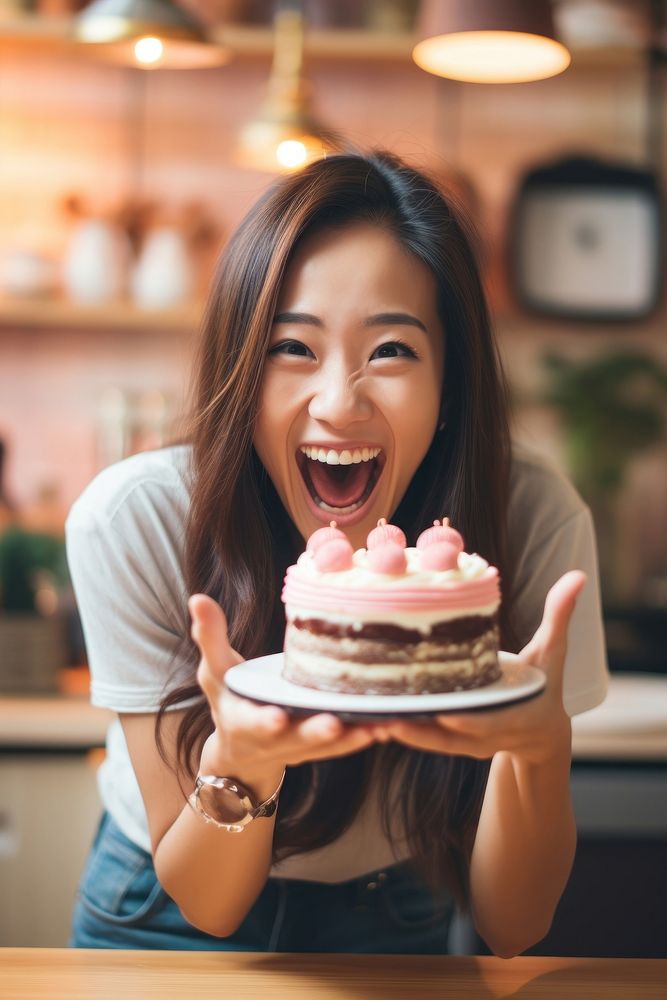 South east asia woman take a photo of her cake camera birthday dessert party. AI generated Image by rawpixel.