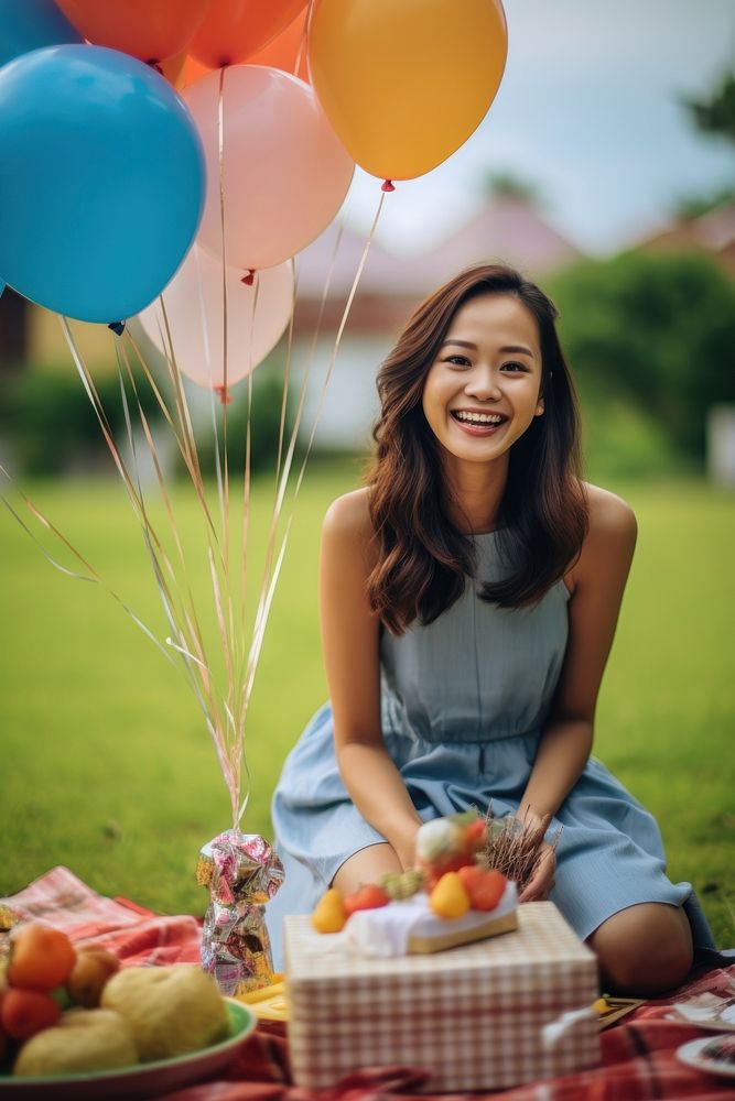 South east asia woman balloon birthday sitting. AI generated Image by rawpixel.