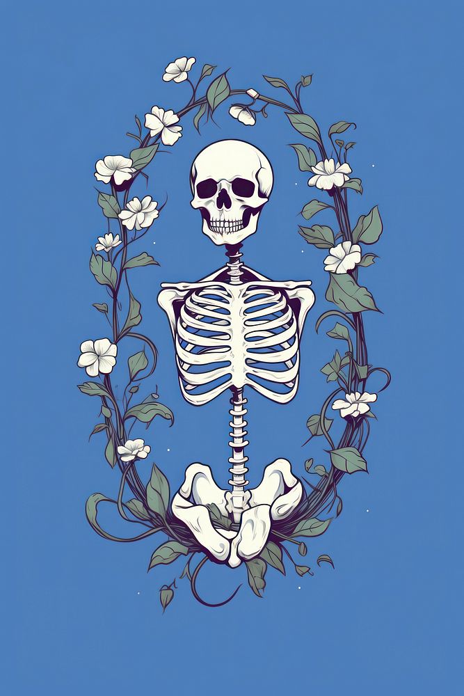 Skeleton is covered with blue Ipomoea cartoon representation creativity. AI generated Image by rawpixel.