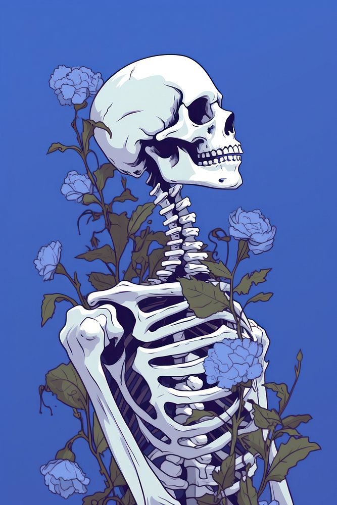 Skeleton is covered with blue Ipomoea anatomy cartoon creativity. AI generated Image by rawpixel.