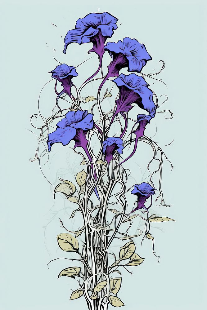 Skeleton cover with blue Ipomoea cartoon drawing flower. AI generated Image by rawpixel.