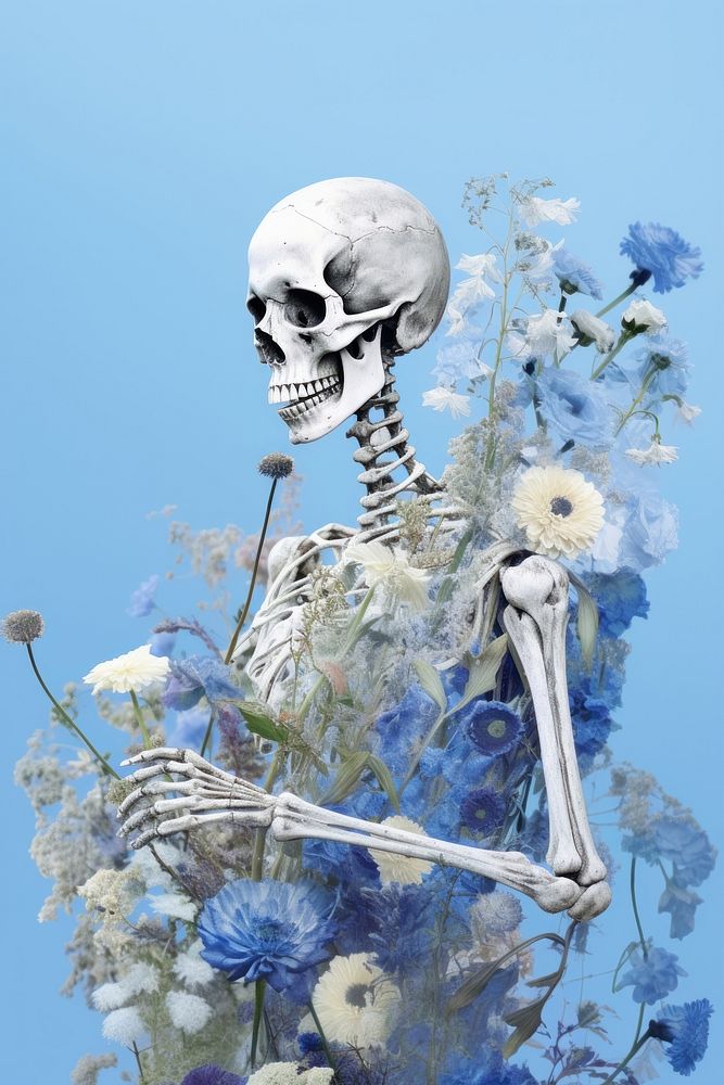 Skeleton cover with blue Ipomoea flower plant fragility. AI generated Image by rawpixel.