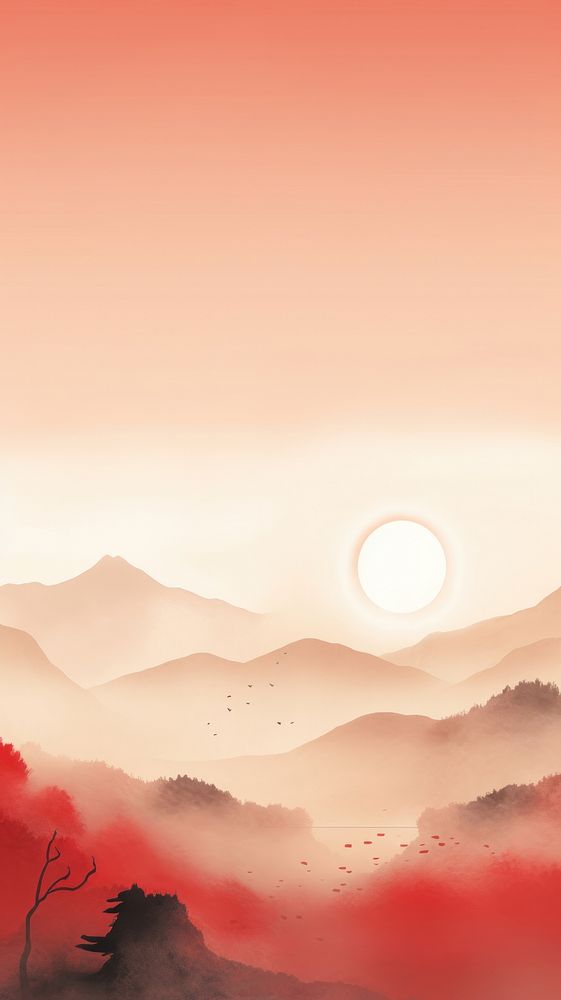 Mountain range with the red sun backgrounds landscape outdoors. AI generated Image by rawpixel.