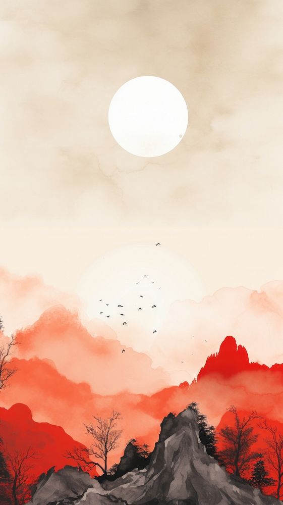 Mountain range with the red sun outdoors painting nature. AI generated Image by rawpixel.