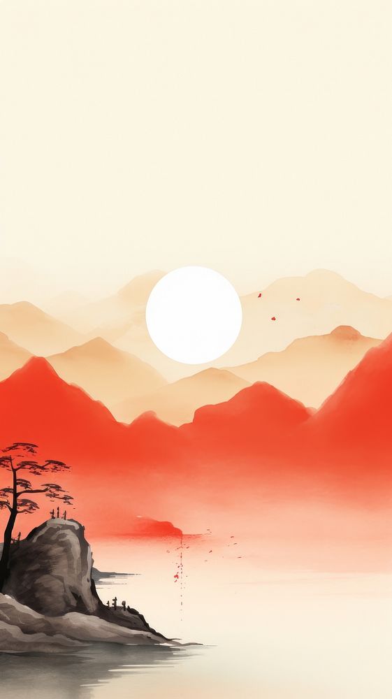 Mountain range with the red sun landscape outdoors painting