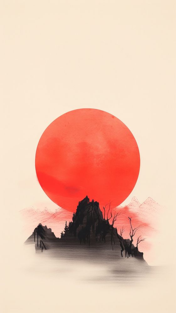 Mountain range with the red sun silhouette outdoors painting. AI generated Image by rawpixel.